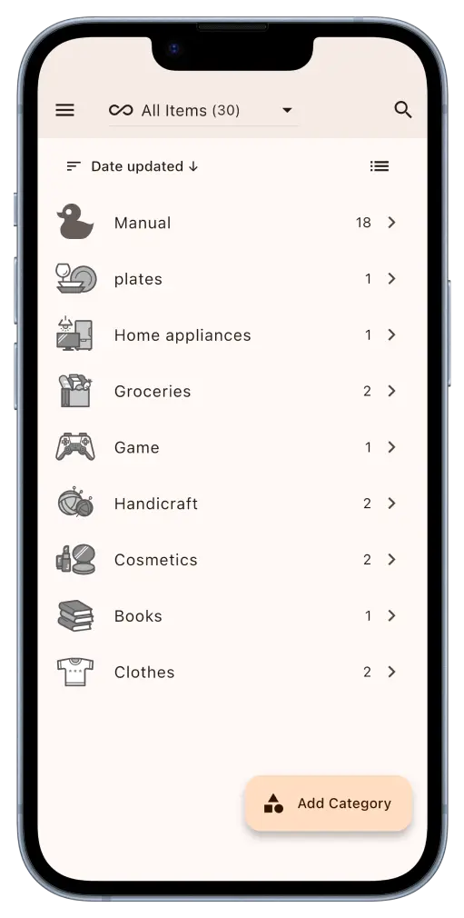 Category list screen of monoca 2, displaying categories such as daily necessities and emergency supplies.
